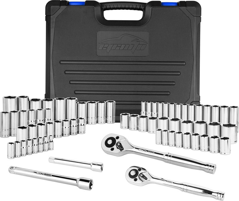EPAuto 69 Pieces - 1/4" & 3/8" Drive Socket Set with Pear Head Ratchet, Chrome (92-824) - Image 5