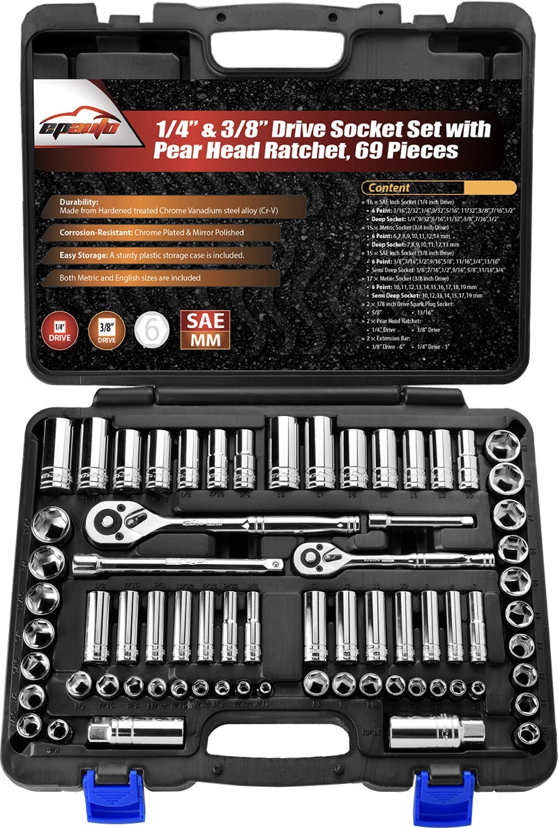 EPAuto 69 Pieces - 1/4" & 3/8" Drive Socket Set with Pear Head Ratchet, Chrome (92-824) - Image 1