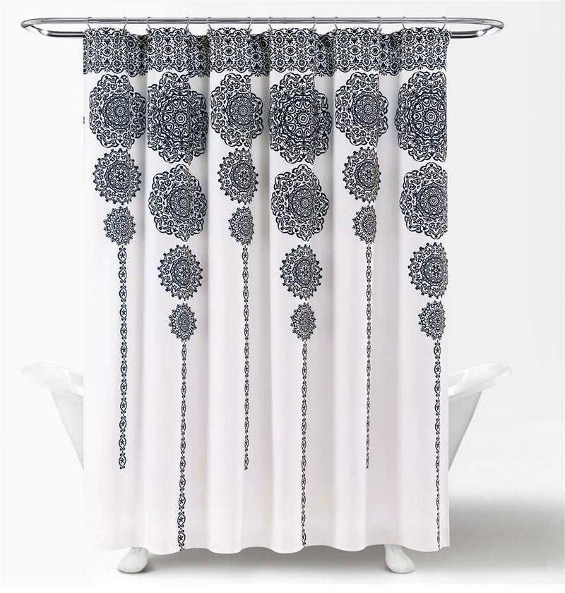 Lush Decor Stripe Medallion Shower Curtain-Fabric Mandala Bohemian Damask Print Design, 72" x 72", Navy - Image 1
