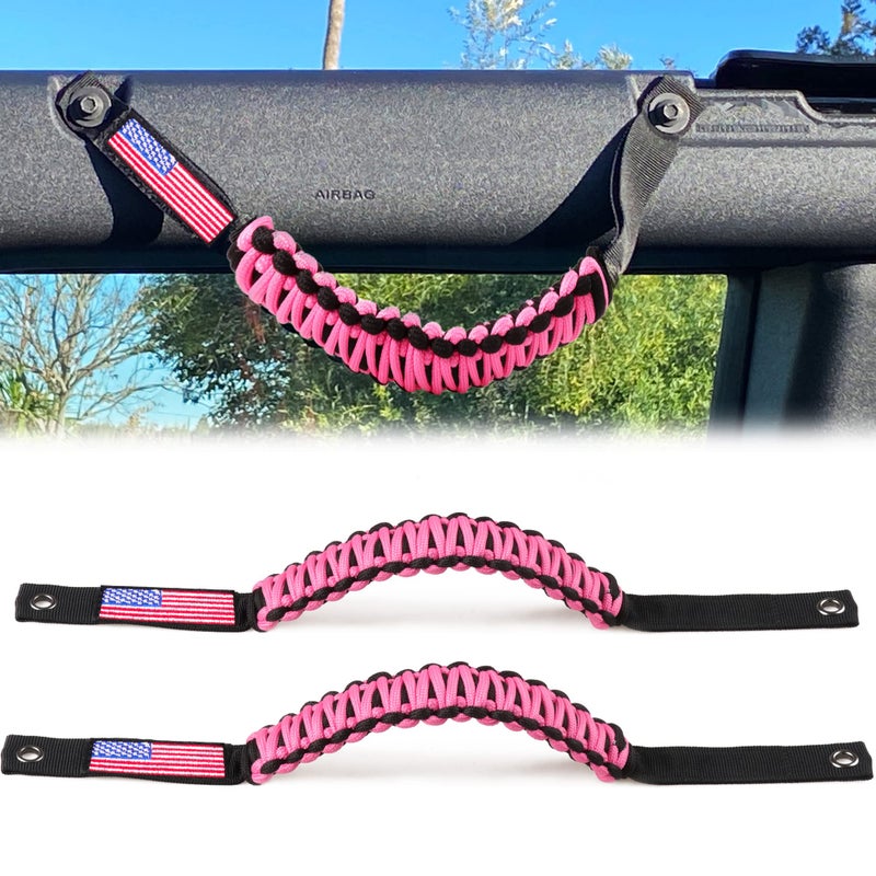 RERPRO Roll Bar Grab Handles for 2021 2022 2023 2024 2025 Ford Bronco 2 Door 4 Door Accessories Paracord Grip Handle with America Flag 2 Pack Pink - Image 3