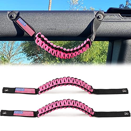 RERPRO Roll Bar Grab Handles for 2021 2022 2023 2024 2025 Ford Bronco 2 Door 4 Door Accessories Paracord Grip Handle with America Flag 2 Pack Pink - Image 1