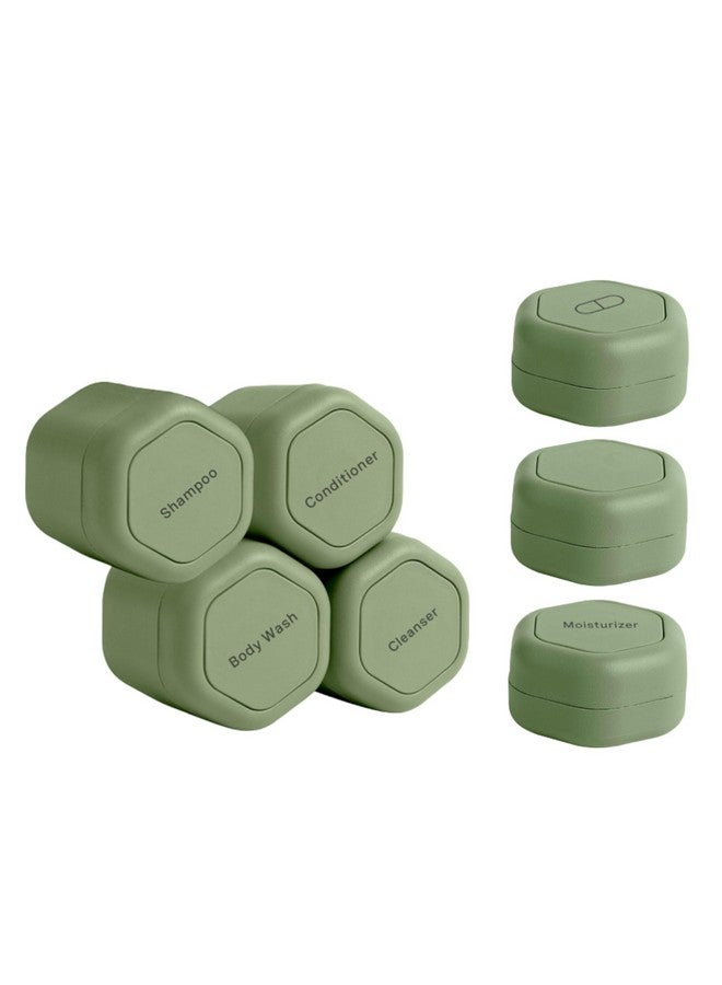 Cadence Travel Containers - Daily Routine Capsule Set - Magnetic Travel Capsules - For Shampoo, Conditioner, Body Wash, Pills, and More - 4 Flex Mediums (1.32oz) & 3 Flex Smalls (0.56oz) - Eucalyptus - Image 1