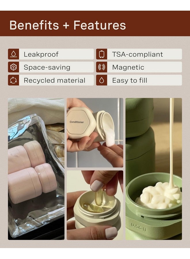 Cadence Travel Containers - Daily Routine Capsule Set - Magnetic Travel Capsules - For Shampoo, Conditioner, Body Wash, Pills, and More - 4 Flex Mediums (1.32oz) & 3 Flex Smalls (0.56oz) - Eucalyptus - Image 2