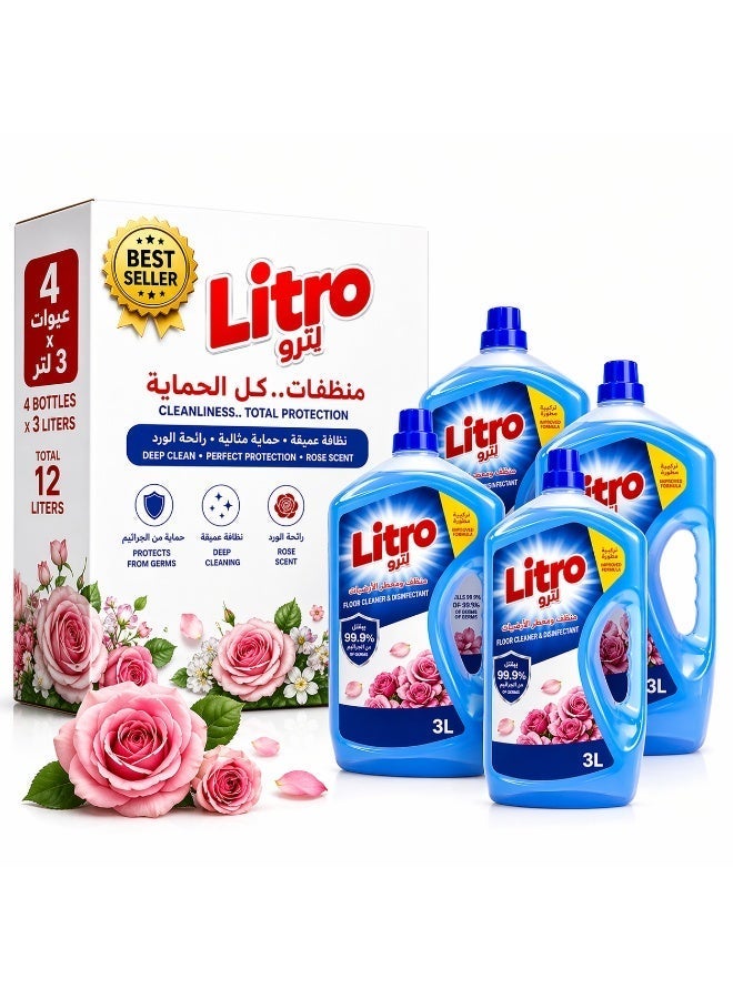 Litro Floor Cleaner Liquid & Disinfectant 4×3L – Breeze of Emotions Fragrance – Bulk Floor Cleaning Liquid, Powerful Floor Disinfectant Kills 99.9% Germs, Home & Commercial Use - Image 1