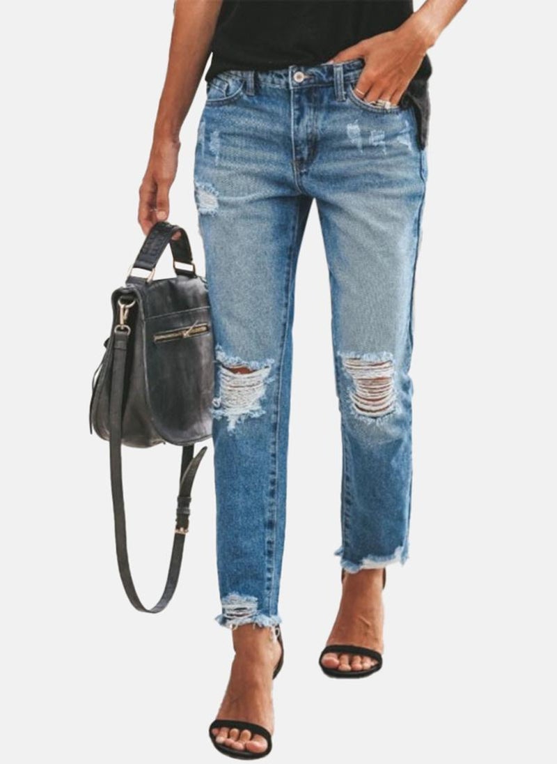 يونيكي جينز أزرق بقصة ضيقة وتصميم ممزق وخصر مرتفع - Image 1