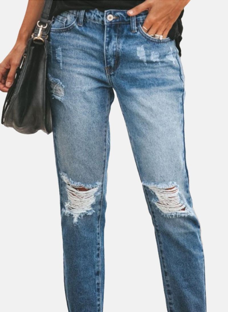 يونيكي جينز أزرق بقصة ضيقة وتصميم ممزق وخصر مرتفع - Image 3