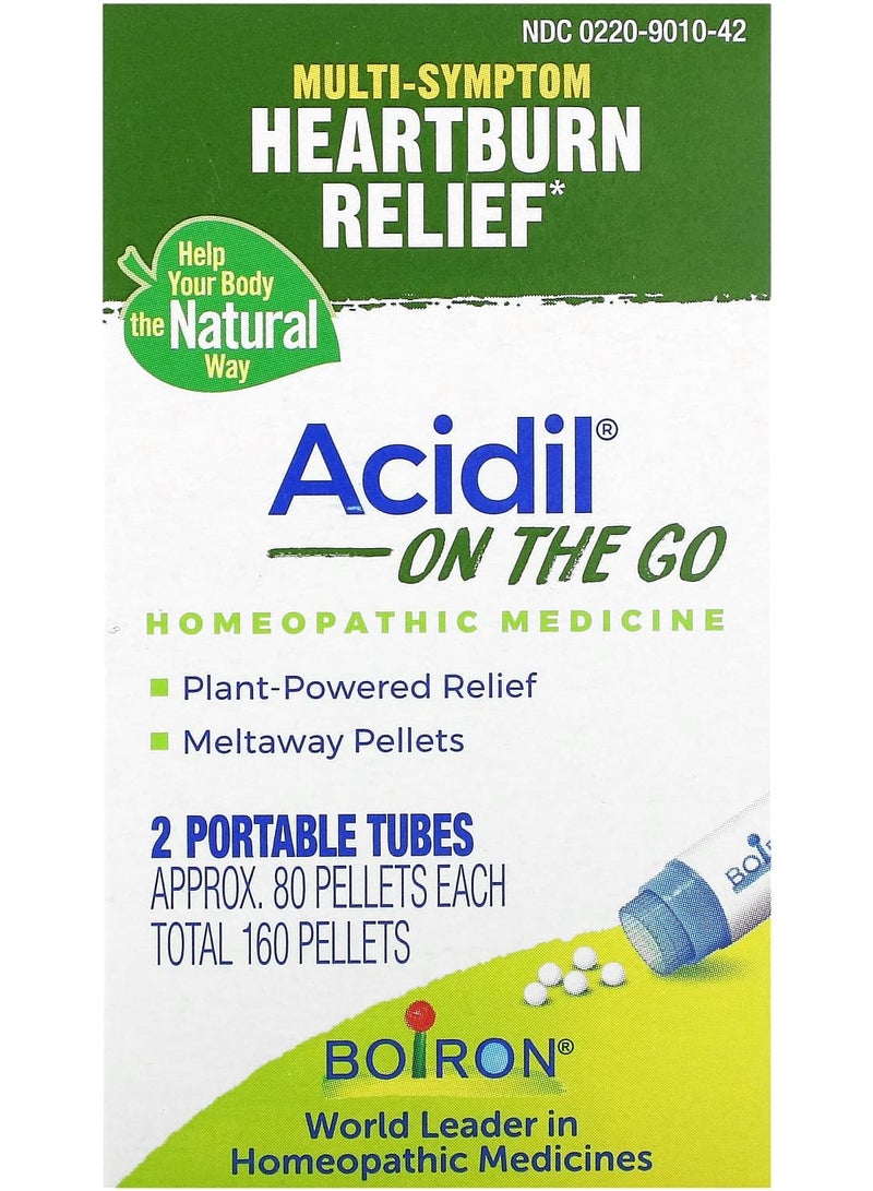 Boiron Acidil On The Go, Multi-Symptom Heartburn Relief, 2 Portable Tubes, 80 Pellets Each