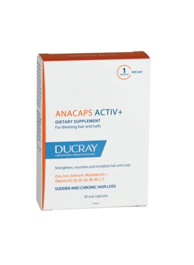 Ducray Keracnyl Ducray Anacaps Activ+ Food Supplement - for Sudden and Chronic Hair Loss - 30 Capsules - Image 1