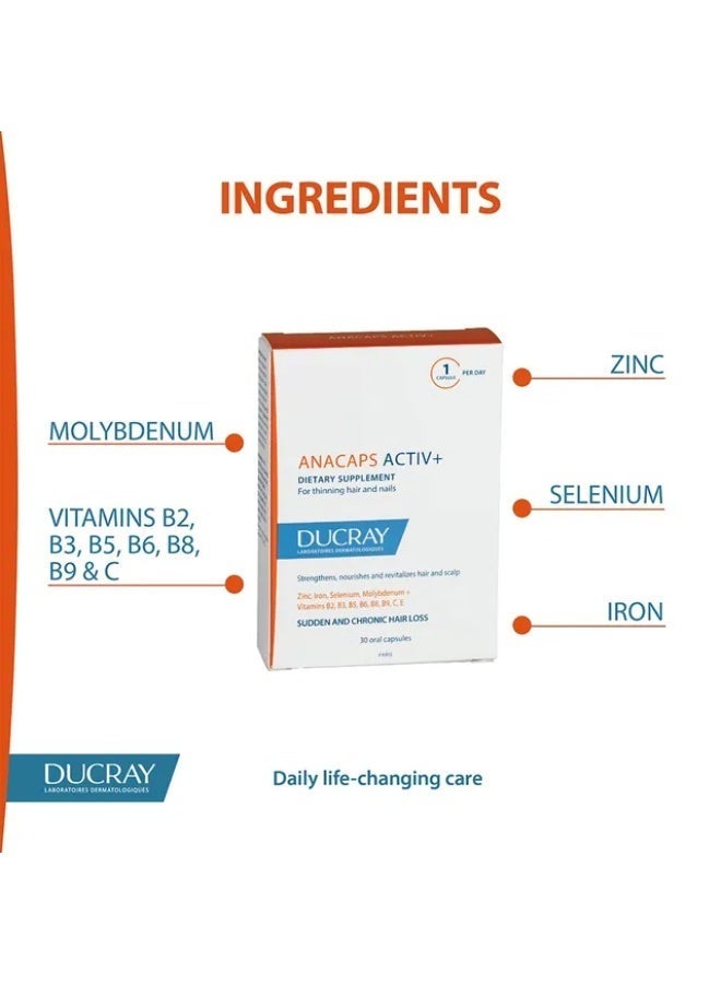 Ducray Keracnyl Ducray Anacaps Activ+ Food Supplement - for Sudden and Chronic Hair Loss - 30 Capsules - Image 2