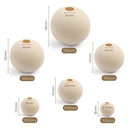 LotFancy Wooden Beads, 500pcs 6 Sizes Unfinished Natural Wood Beads for Crafts, Round Predrilled Wooden Balls for Garland Macrame Jewelry Farmhouse Décor (8mm 10mm 12mm 14mm 16mm 18mm) - Image 3