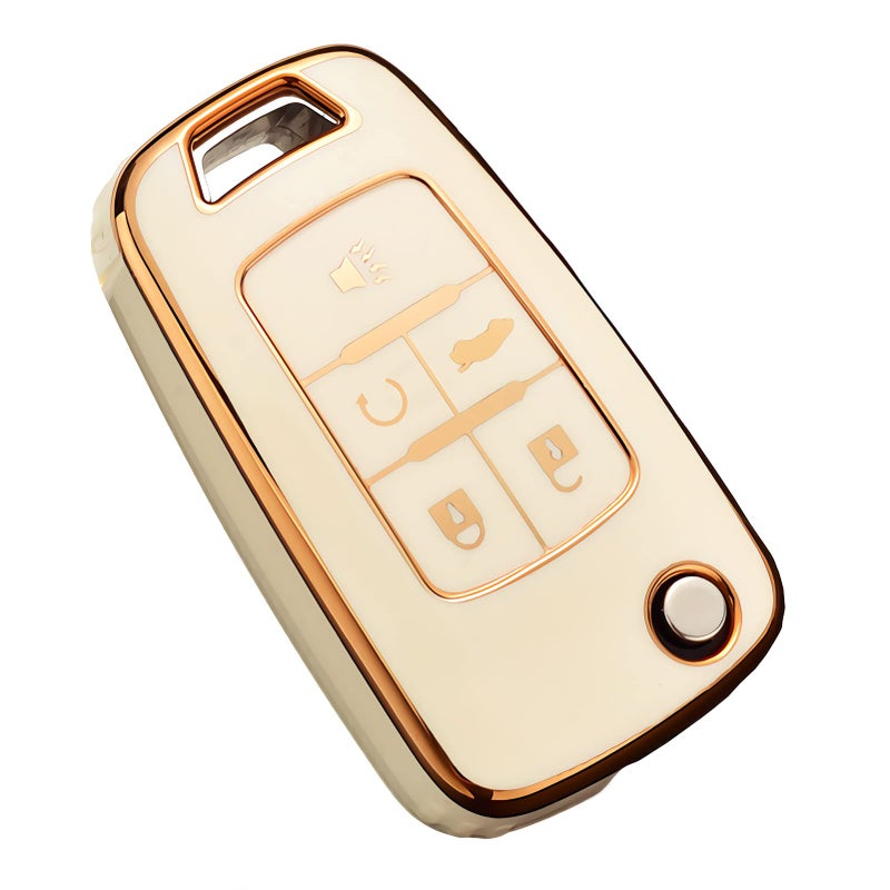Cacacar for Chevy Key Fob Cover Premium TPU Full Protection Key Fob Case for Chevrolet Equinox Camaro Cruze Malibu Sonic Buick Terrain 5 Buttons Ivory