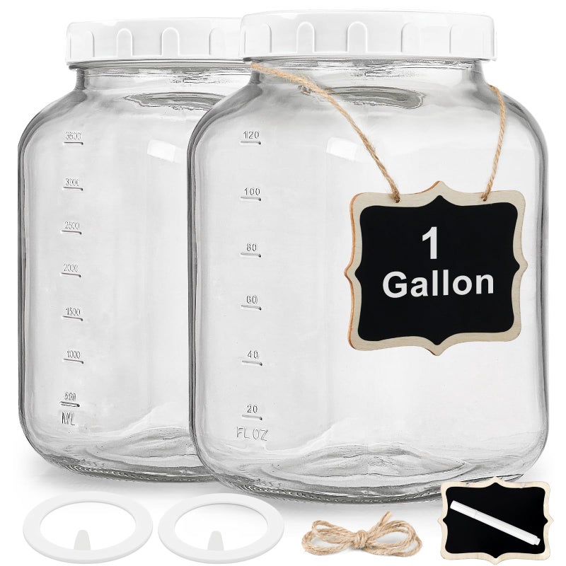 Folinstall 2 Pack Wide Mouth 1 Gallon Clear Glass Jar with Lid, Heavy Duty Airtight Screw Lid with Silicone Gasket - Large Mason Jar with 2 Scale Mark for Fermenting Kombucha and Storing Food(Extra 2 Gaskets) - Image 1