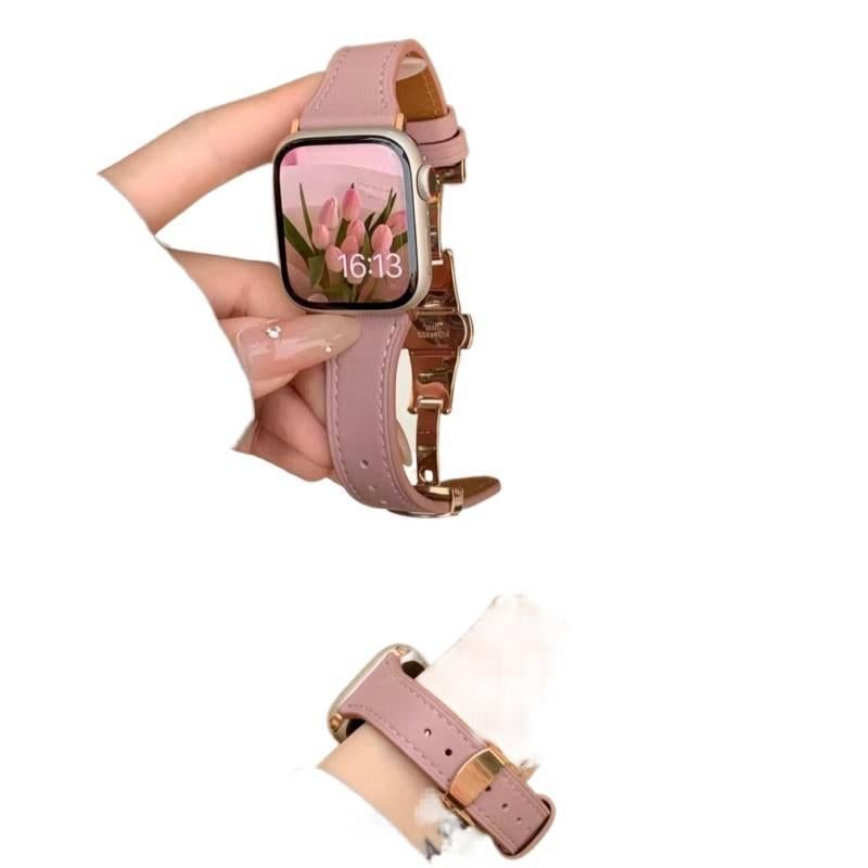 AD Gold Classic Leather Strap Smartwatch Band Compatible with Apple Watch with Adjustable Fit Replacement Strap for Daily Wear - Image 1