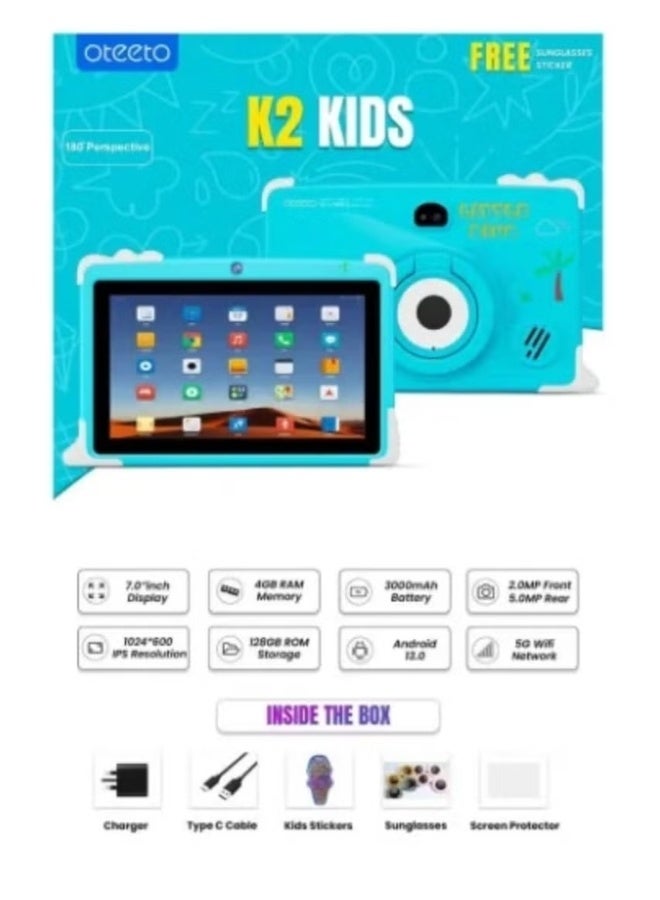 Oteeto Oteeto Tab K2 Kids Tablet – 7" HD Display, Android, Parental Control, Learning Apps, WiFi, Kid-Proof Case – Educational Tablet for Kids (Ages 3–12), Blue - Image 2