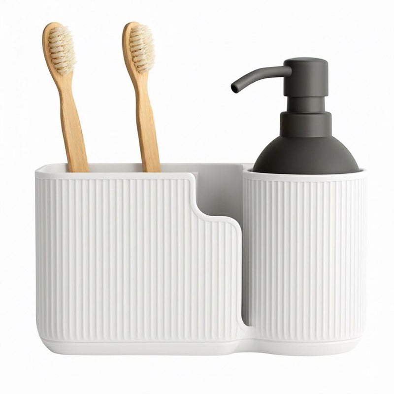Bathroom & Desk Organizer - Modern Oval Organizer with Ribbed Design for Toothbrushes, Soap Dispenser, Pens, and Office Supplies (white)