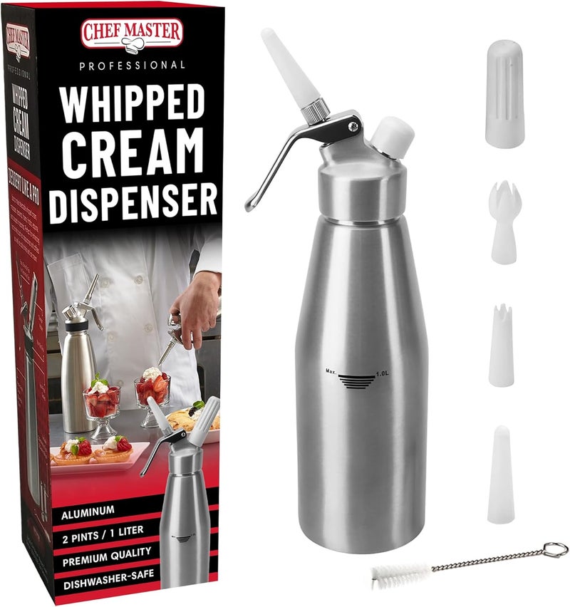 Chefmaster (2 Pint / 1 Liter) Aluminum Whipped Cream Dispenser - Decorating Tips for Desserts, Coffee, Latte + Cleaning Brush - Whip Cream Dispenser Canister for Home, Bakery or Restaurant - 90077 - Image 1