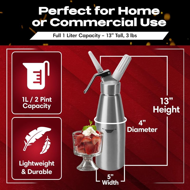 Chefmaster (2 Pint / 1 Liter) Aluminum Whipped Cream Dispenser - Decorating Tips for Desserts, Coffee, Latte + Cleaning Brush - Whip Cream Dispenser Canister for Home, Bakery or Restaurant - 90077 - Image 3