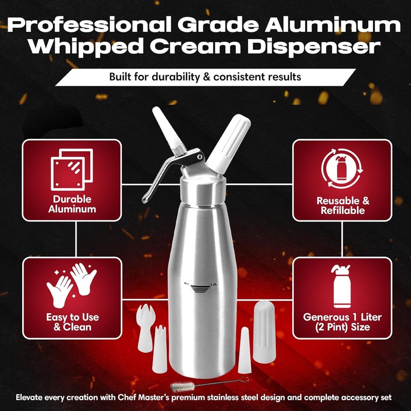 Chefmaster (2 Pint / 1 Liter) Aluminum Whipped Cream Dispenser - Decorating Tips for Desserts, Coffee, Latte + Cleaning Brush - Whip Cream Dispenser Canister for Home, Bakery or Restaurant - 90077 - Image 2