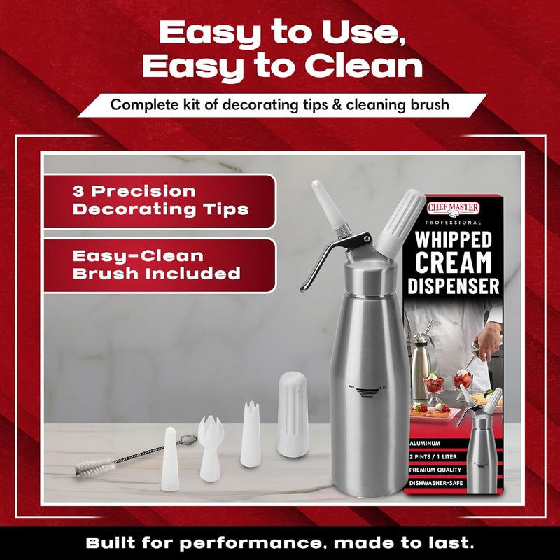 Chefmaster (2 Pint / 1 Liter) Aluminum Whipped Cream Dispenser - Decorating Tips for Desserts, Coffee, Latte + Cleaning Brush - Whip Cream Dispenser Canister for Home, Bakery or Restaurant - 90077 - Image 4