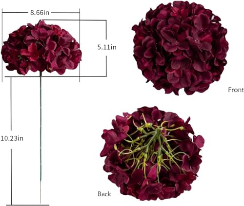 DuHouse 8.7" Silk Hydrangea Artificial Flower Heads with Stems Fake Hydrangeas Flowers for DIY Wedding Centerpiece Home Decor,Pack of 6 (Burgundy) - Image 5