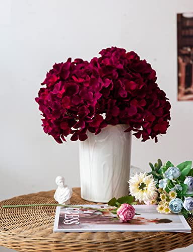 DuHouse 8.7" Silk Hydrangea Artificial Flower Heads with Stems Fake Hydrangeas Flowers for DIY Wedding Centerpiece Home Decor,Pack of 6 (Burgundy) - Image 3