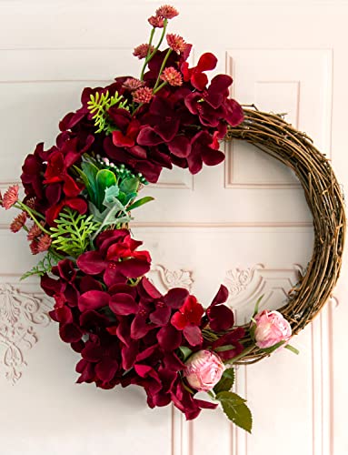 DuHouse 8.7" Silk Hydrangea Artificial Flower Heads with Stems Fake Hydrangeas Flowers for DIY Wedding Centerpiece Home Decor,Pack of 6 (Burgundy) - Image 2