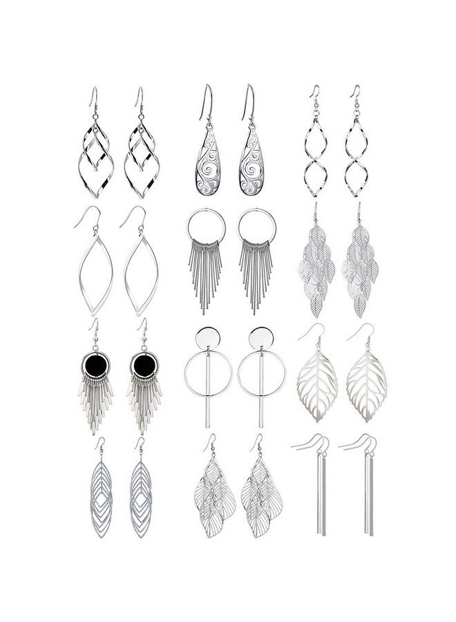 Venianus Silver Dangle Earrings For Women: 12 Pairs Drop Dangle Earrings Boho Fashion Jewelry Vintage Statement Boho Bohemian Earrings Set For Women - Dangling Earrings For Women Trendy Christmas Gifts - Image 1