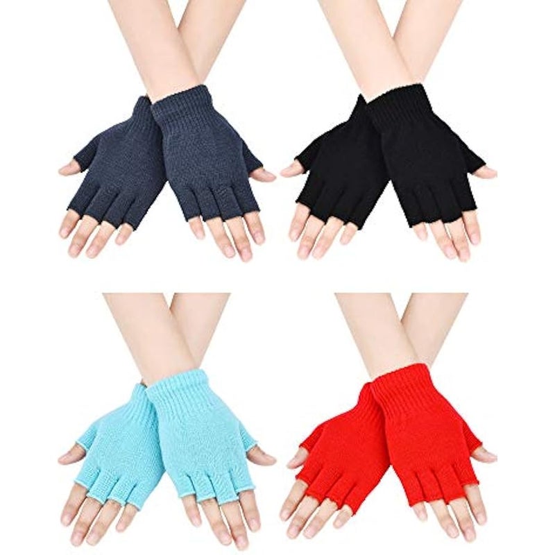 4 Pairs Fingerless Gloves Half Finger Mittens Winter Solid Color Knitted Typing Gloves for Boys and Girls - Image 1