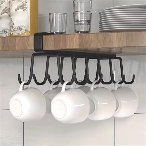 JIALTO Double Row Cup Holder Rack with 12 Hooks, Metal Cabinet Hanging Organizer for Kitchen, Coffee & Tea Cups, Towel Holder, Black - Image 1