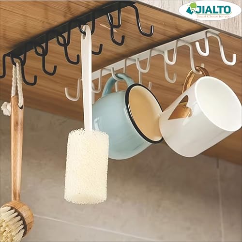 JIALTO Double Row Cup Holder Rack with 12 Hooks, Metal Cabinet Hanging Organizer for Kitchen, Coffee & Tea Cups, Towel Holder, Black - Image 5