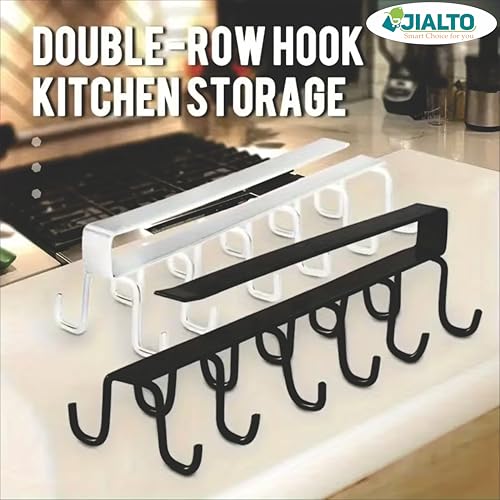 JIALTO Double Row Cup Holder Rack with 12 Hooks, Metal Cabinet Hanging Organizer for Kitchen, Coffee & Tea Cups, Towel Holder, Black - Image 4