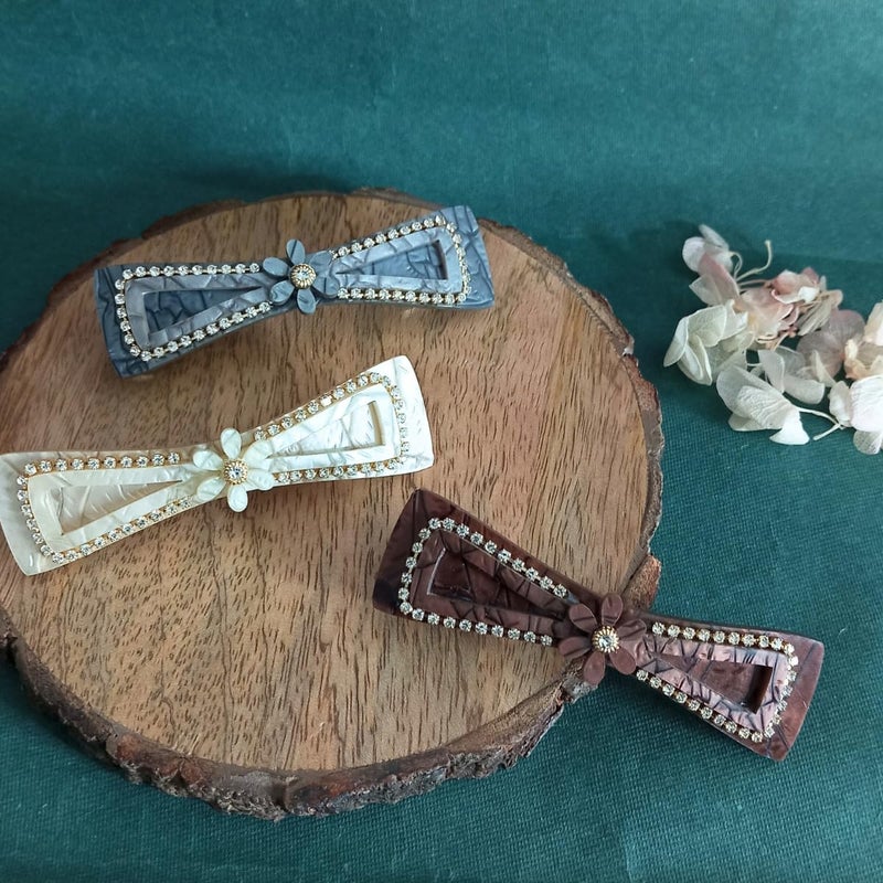 JWELLA Marble Finish Hair Clips with Rhinestone Accents, Set of 3, Elegant (Desing-2) - Image 2