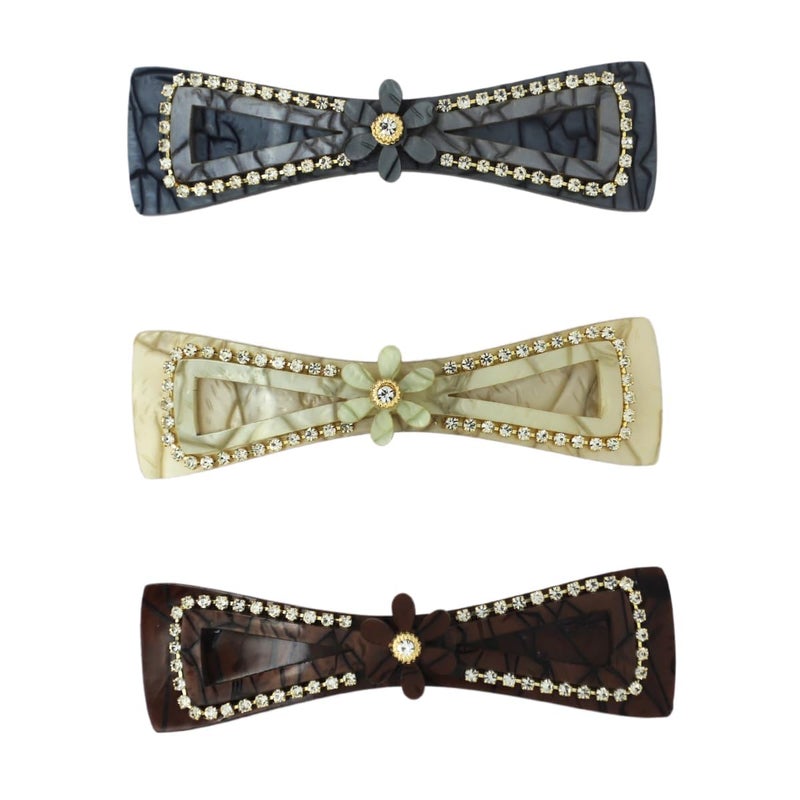 JWELLA Marble Finish Hair Clips with Rhinestone Accents, Set of 3, Elegant (Desing-2) - Image 1