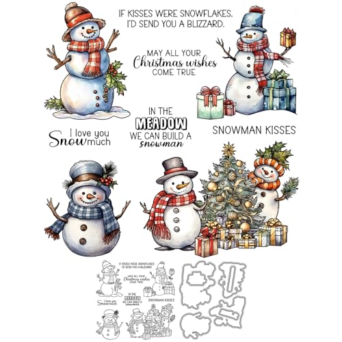YIXUAN Cute Winter Snowman Christmas Tree Gifts Clear Stamp and Metal Cutting Dies Set with Plastic Package Envelope Bag for Card Making DIY Scrapbooking Supplies for Xmas Crafts Decor - Image 1