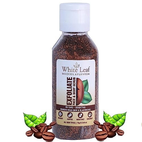 White Leaf Exfoliating Coffee Body Scrub for Women & Men 75g with Walnut Rock Salt and Coconut Oil for Tan Removal Skin Brightening for Face Neck Elbows and Knees 100% Vegan (1) - Image 1