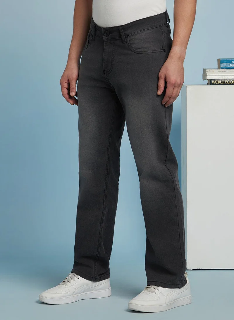 Dennis Lingo Men's Black Cotton Blend Solid Full Length Relaxed Jeans