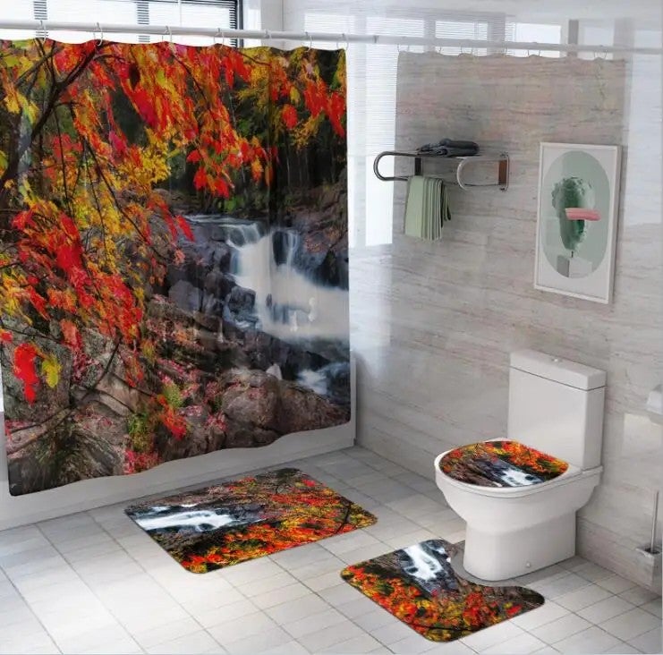 Y&D New 4PCS Polyester Shower Curtain Waterproof Bath Rug Mat Set Rug Toilet Lid Cover Floor Carpet Foot Pad Set for Home Bathroom - Image 1