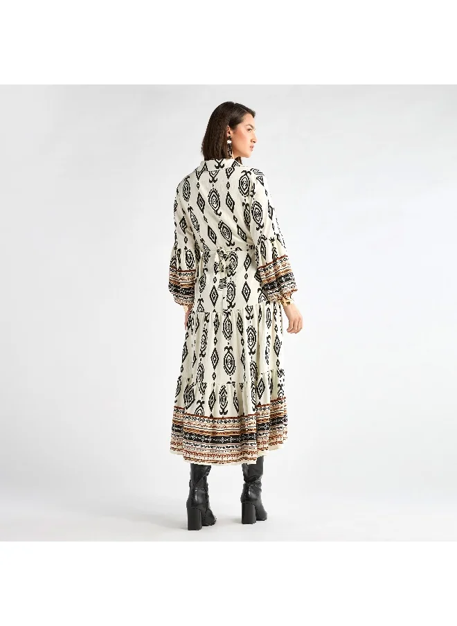 FAV Printed Midi Shirt Dress with Long Sleeves and Tie-Up Belt