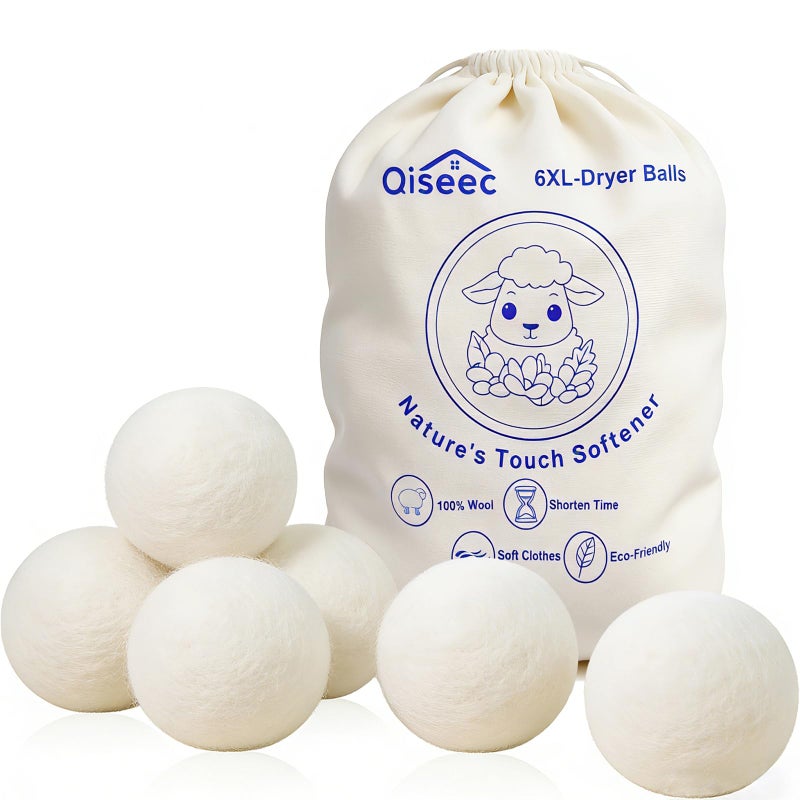 Qiseec Wool Dryer Balls 6-Pack XL - Natural Reusable Laundry Fabric Softener, Reduces Wrinkles & Drying Time, Hypoallergenic, Leaves Fabrics Naturally Soft and Fluffy - Image 1