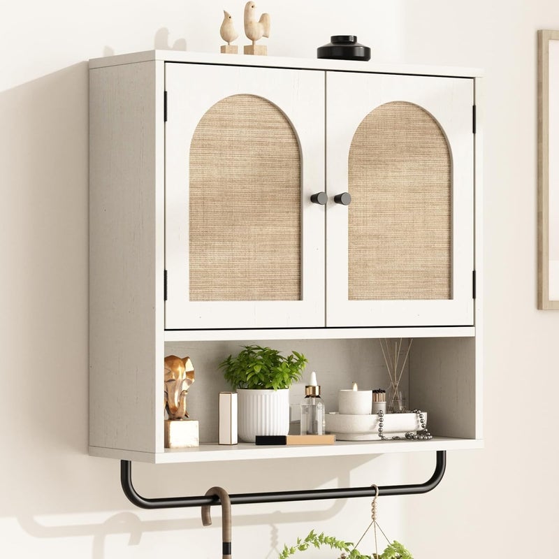 RUSTOWN Rattan Bathroom Wall Cabinet, Boho Medicine Cabinet with 2 Arched Doors, Farmhouse Over The Toilet Storage Cabinets with Adjustable Shelves & Towel Bar, 3-Tier Wall Mounted Cabinets - Image 1