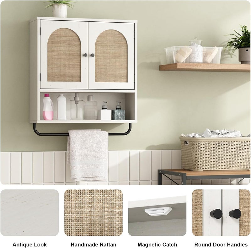 RUSTOWN Rattan Bathroom Wall Cabinet, Boho Medicine Cabinet with 2 Arched Doors, Farmhouse Over The Toilet Storage Cabinets with Adjustable Shelves & Towel Bar, 3-Tier Wall Mounted Cabinets - Image 5