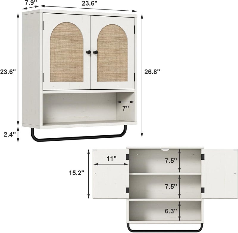 RUSTOWN Rattan Bathroom Wall Cabinet, Boho Medicine Cabinet with 2 Arched Doors, Farmhouse Over The Toilet Storage Cabinets with Adjustable Shelves & Towel Bar, 3-Tier Wall Mounted Cabinets - Image 2