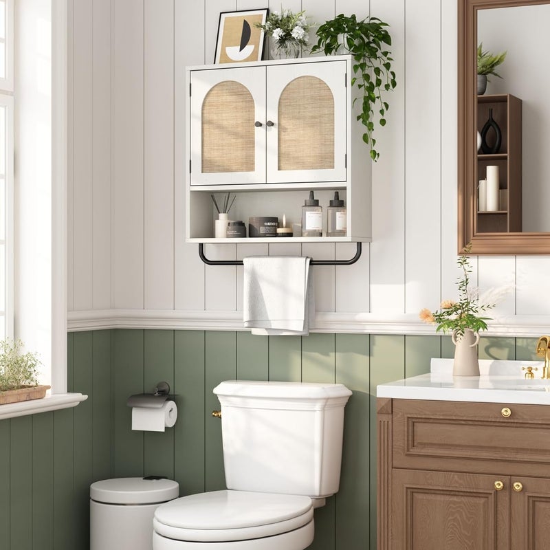 RUSTOWN Rattan Bathroom Wall Cabinet, Boho Medicine Cabinet with 2 Arched Doors, Farmhouse Over The Toilet Storage Cabinets with Adjustable Shelves & Towel Bar, 3-Tier Wall Mounted Cabinets - Image 3