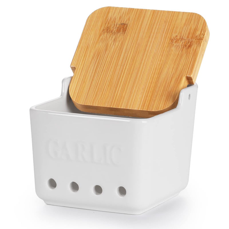 ONTUBE ONTUBE Garlic Keeper with Lid, Ceramic Garlic Holder Storage, Garlic Container for Kitchen, Garlic Saver to Keep Your Garlic Cloves Fresh Longer 4.7-Inch, White  - Image 1