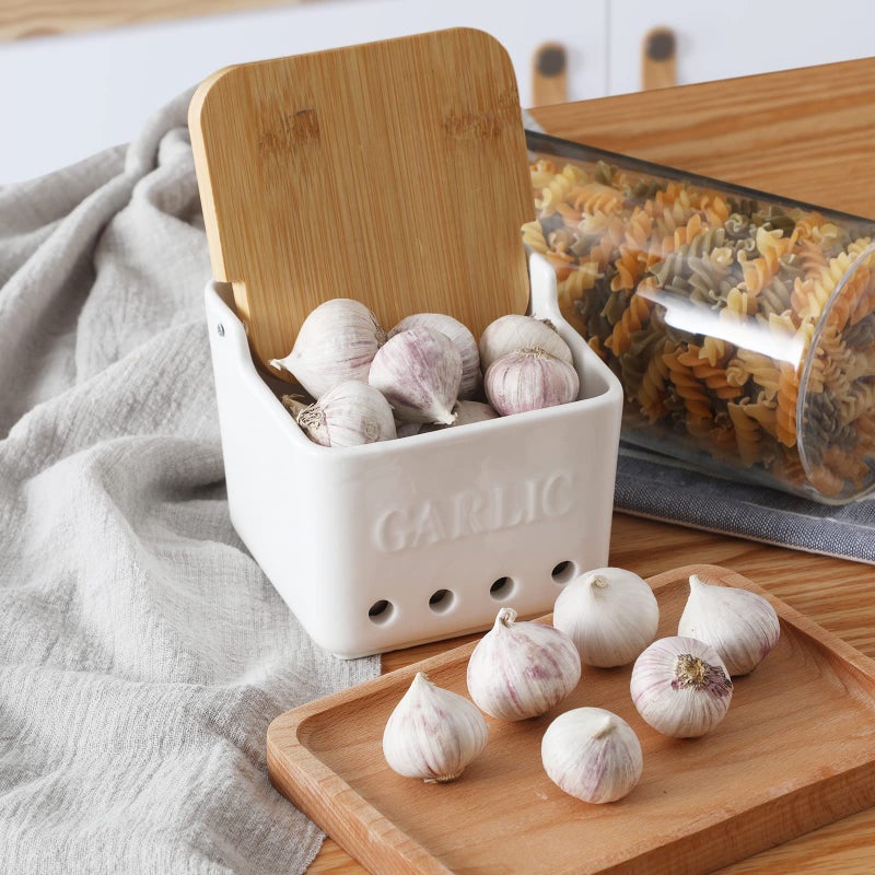 ONTUBE ONTUBE Garlic Keeper with Lid, Ceramic Garlic Holder Storage, Garlic Container for Kitchen, Garlic Saver to Keep Your Garlic Cloves Fresh Longer 4.7-Inch, White  - Image 5