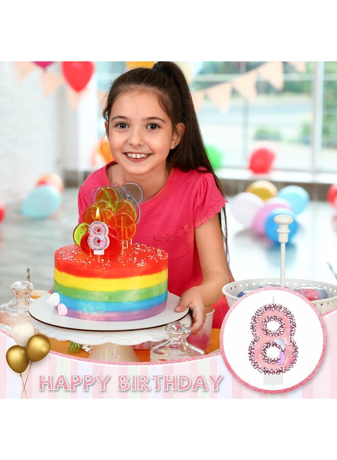 8th birthday candles, pink glitter birthday candles, princess sequined number 8 happy cake decorations, with 10 slender cupcake candles, party cake decorations. - Image 3