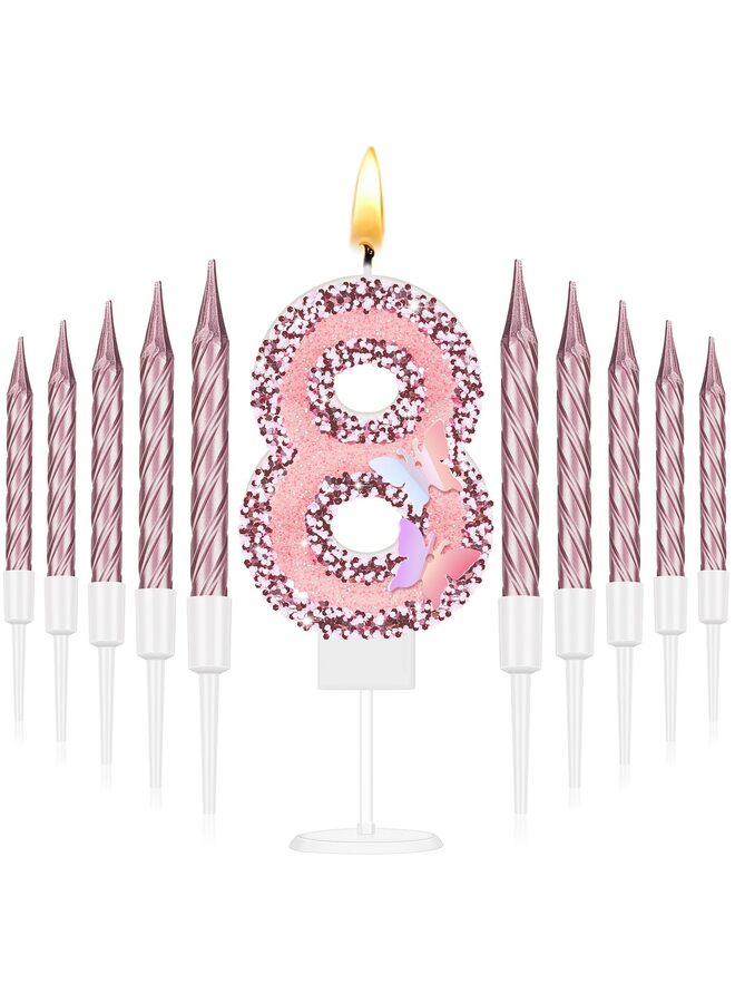 8th birthday candles, pink glitter birthday candles, princess sequined number 8 happy cake decorations, with 10 slender cupcake candles, party cake decorations. - Image 1