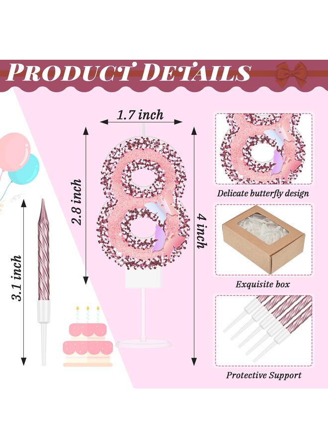 8th birthday candles, pink glitter birthday candles, princess sequined number 8 happy cake decorations, with 10 slender cupcake candles, party cake decorations. - Image 2