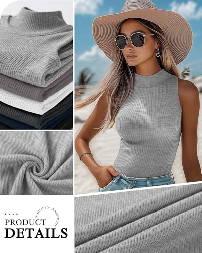 Xaatren 3 Pack Womens Sleeveless Mock Turtlenecks Shirts Ribbed Stretch Slim Fitted Tank Top Basic Lightweight Bustier TeeBlack Light Gray Dark GrayXLarge - Image 3