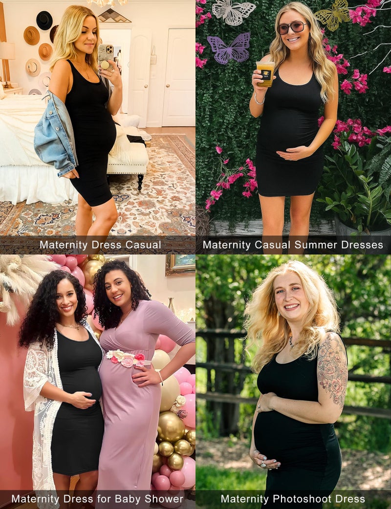 KIM S Maternity Dress Summer Maternity Clothes Pregnancy Bodycon Dress Pregnancy Photoshoot Sleeveless Tank Top Bump Friendly Work (Black S) - Image 2